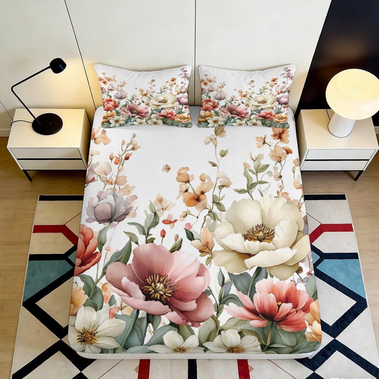 3D Printed Watercolor Floral Fitted Sheet Microfiber Soft Breathable Pastel Blossom Mattress Cover for Bedroom Guest Room Decor 90x200x25cm
