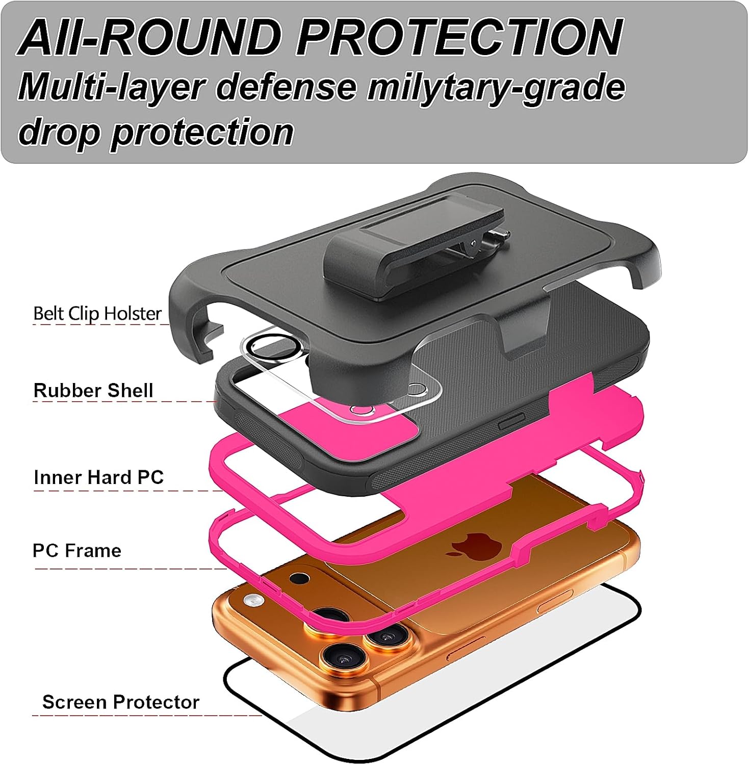 for iPhone 17 Pro Max Case (6.9"), with Belt Clip Holster and 2 Screen Protector+2 Camera Lens,Tough Durable,Military- Grade Shockproof Drop Protection,Heavy Duty Cover-BlackRose