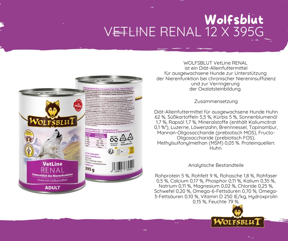 Wolfsblut Vetline Hundefutter - RENAL, 12x395g - Sparbundel, Sparpaket - inklusive Warnicks Tierfutterservice Hundesnack Goodie