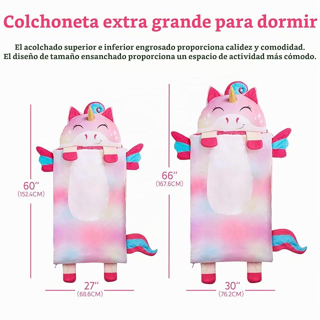 Foto 6 de 7 de JOIEDOMI Saco de Dormir Unicornio Colorido de 167 x 77 cm con Cremallera, Almohada y Manta