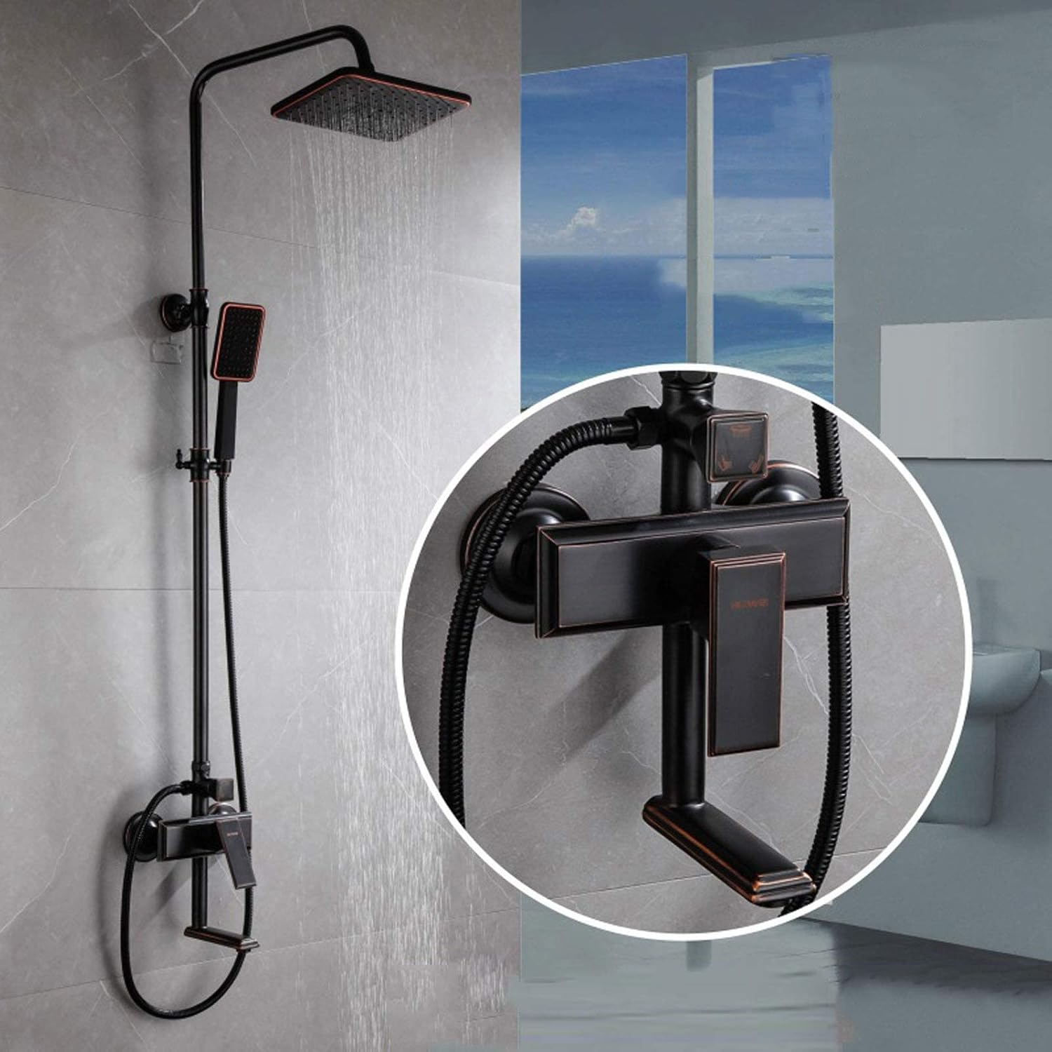 Black Brass Shower System, Wall Mounted Rain Shower Set with Top Outlet Shower Head and Hose, Traditional Shower Mixer Set for Bathroom Hotel