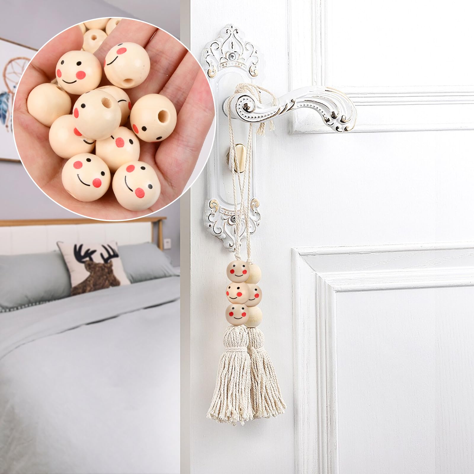 Lot De 110 Perles En Bois 20mm Avec Visages Et Fleurs - 20m De Corde - Kit Bricolage Créatif