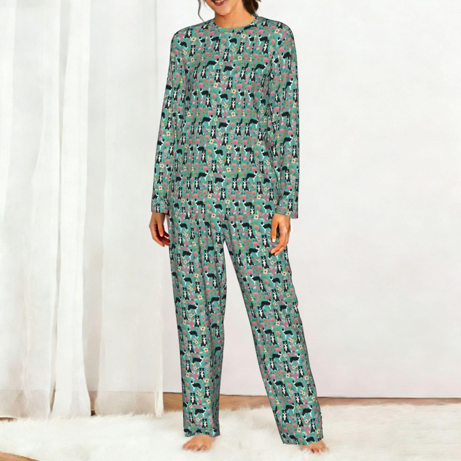 Pigiama da donna a maniche lunghe con stampa floreale Border Collie morbido elastico coulisse casual Daywear