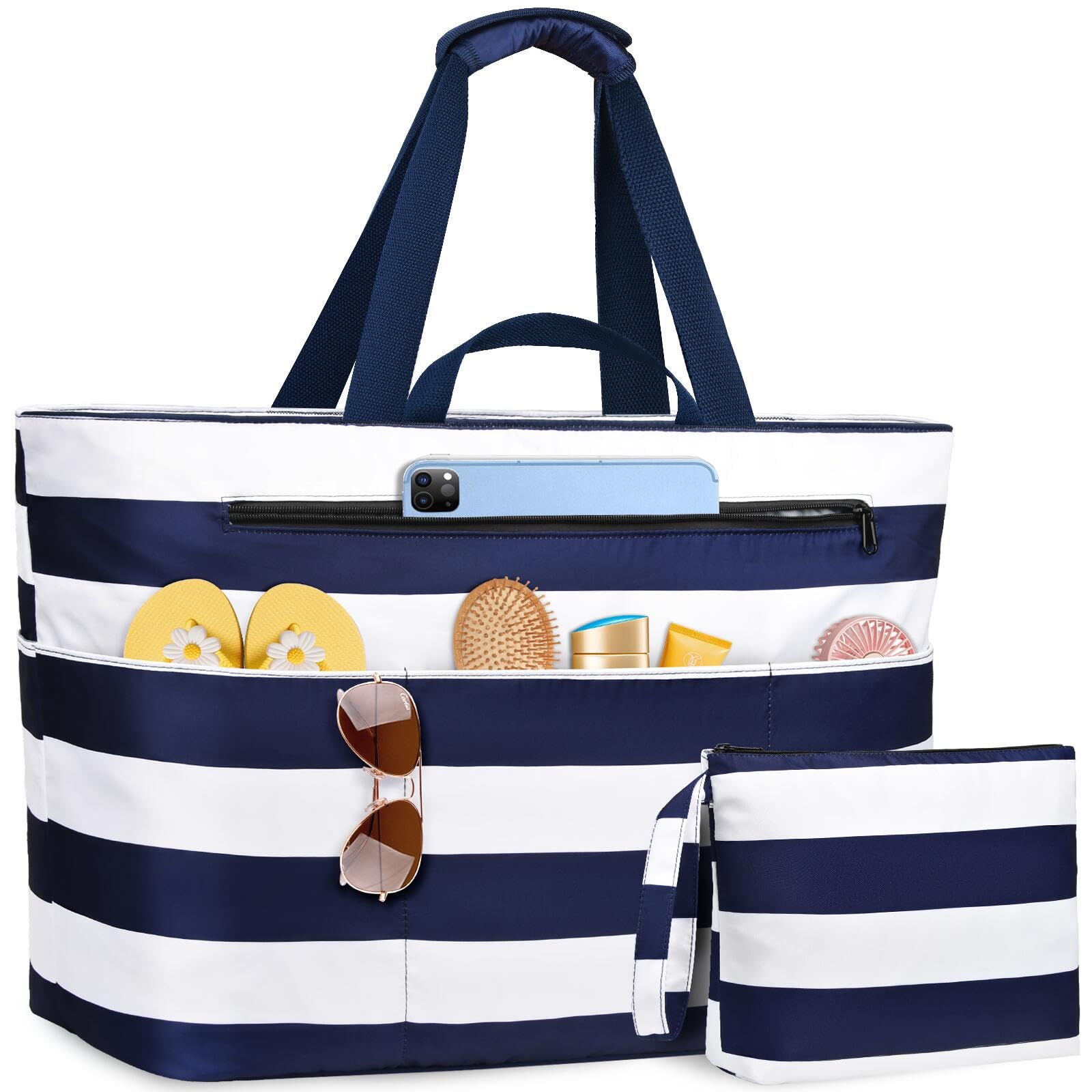 Sac De Plage Femme, Grand Sac Plage Avec Fermeture Éclair Xxl Family Bag Imperméable Pliable Beach Bag Cabas Femme Pour Piscine, Shopping, Vacances. 50L,Rayures bleu-blanc