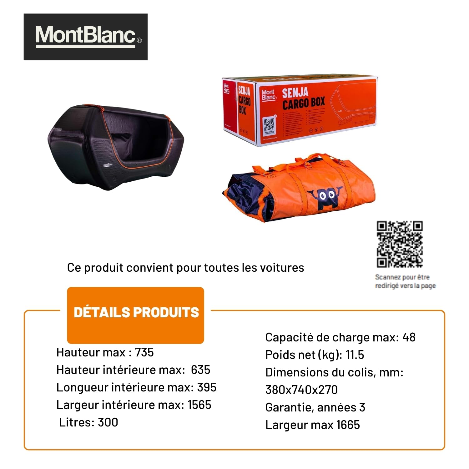 Mont Blanc Coffre d'Attelage Gonflable Senja - 76 à 300 L, Charge 48 kg