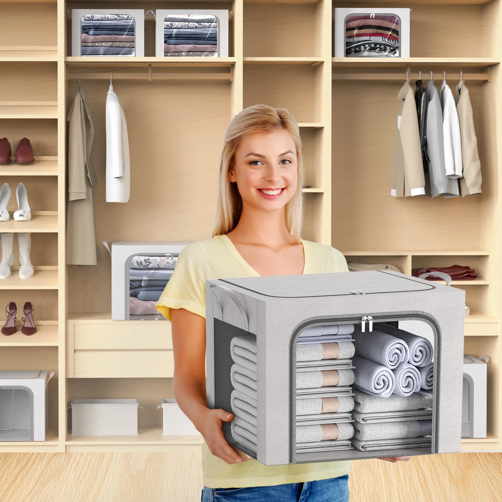 Scatola per riporre vestiti 3 pezzi, Scatola pieghevole per riporre vestiti con telaio in metallo e 3 finestre, Borsa per riporre coperte, biancheria da letto, vestiti, grigio (66L)