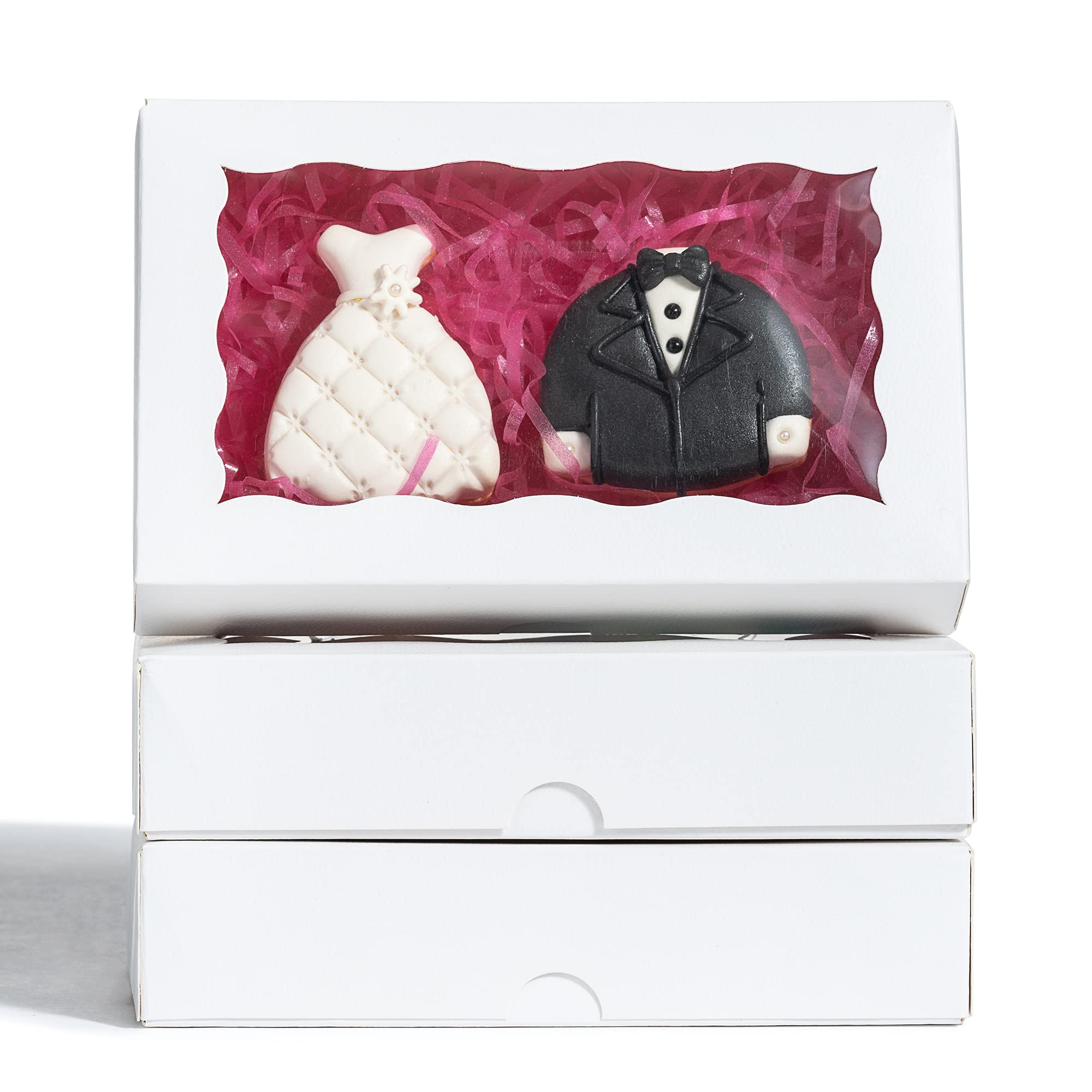 RomanticBaking24 Pack 7 x 4 3/8 x 1 1/2 inches Cookies Boxes for 2, Auto-Popup Macaron Boxes for 6, White Paper Bakery Box with Clear Window