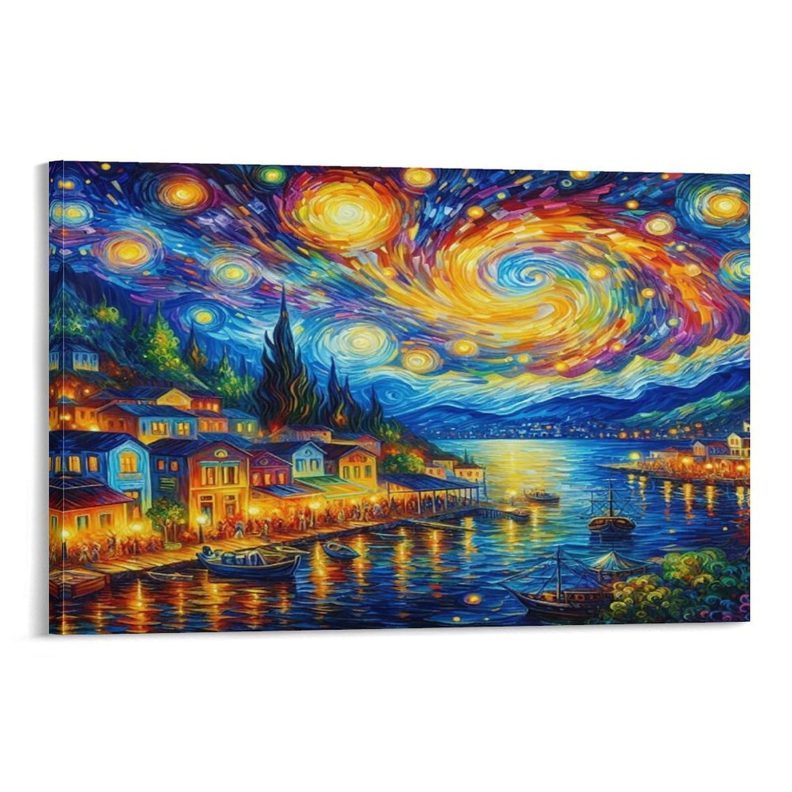 CPLVKWRQJ Snowy Christmas Village at Night Single Swirl Starry Night Coastal Village Artwork Canvas Art - Gift for Him/Her Kitchen Canvas Wall Decor Removable Ready to Hang 20x30inch(50x75cm)