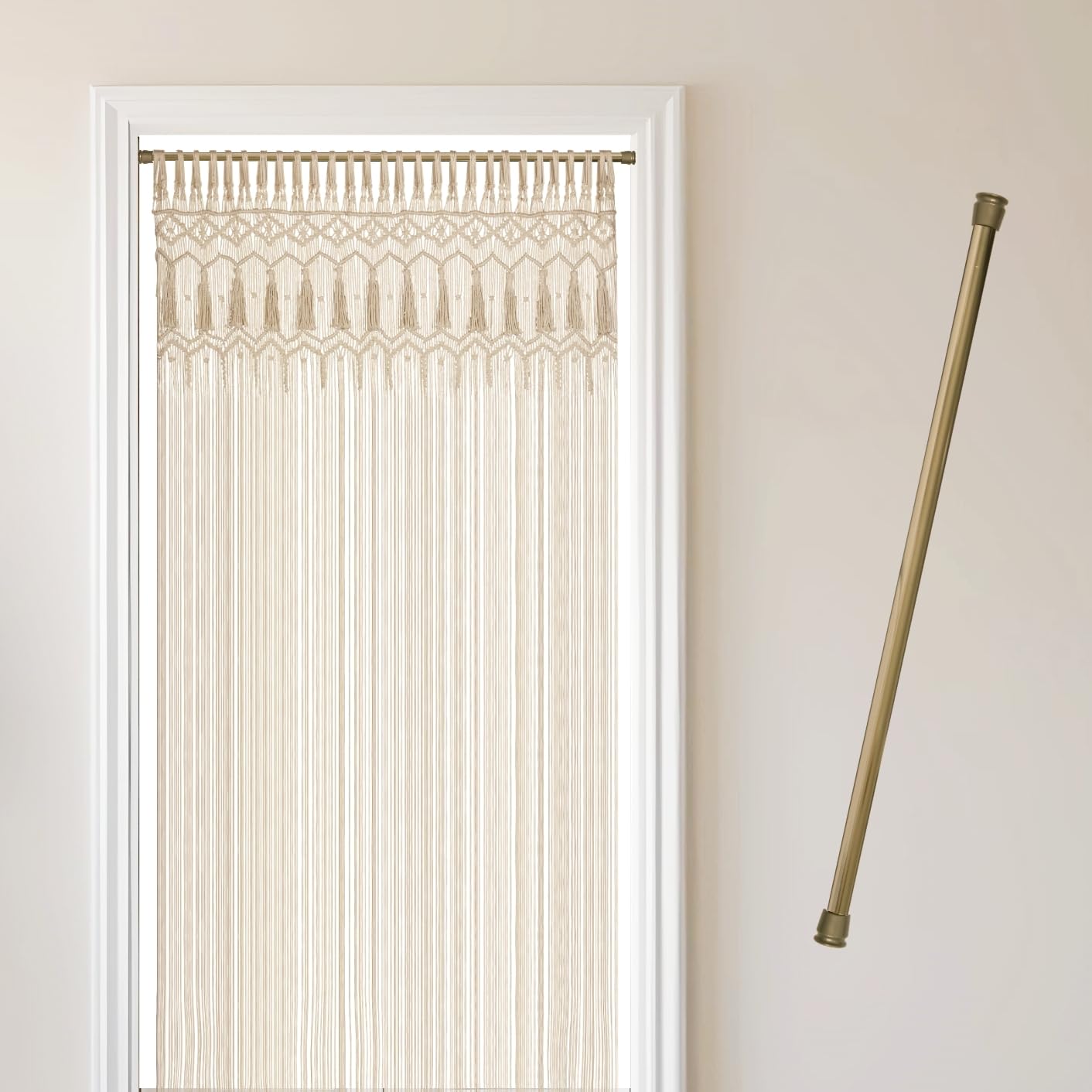 Rideau en macramé beige doré et tringle extensible sans perçage décoration bohème