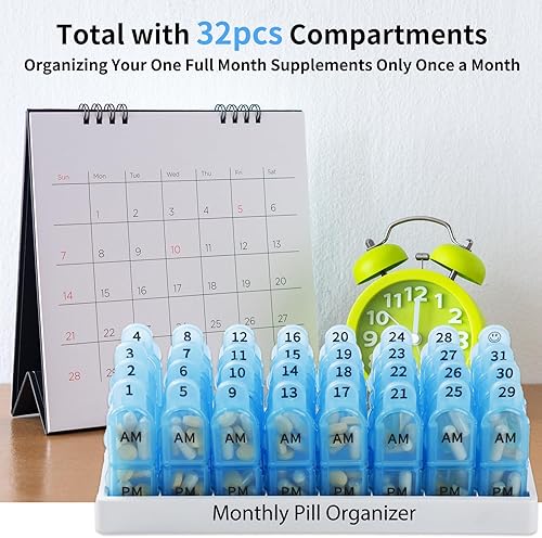 Miniatura 4 de Daviky Organizador mensual de píldoras 2 veces al día, pastillero de 30 días AM PM con recipiente separado, estuche de medicamentos de un mes dos