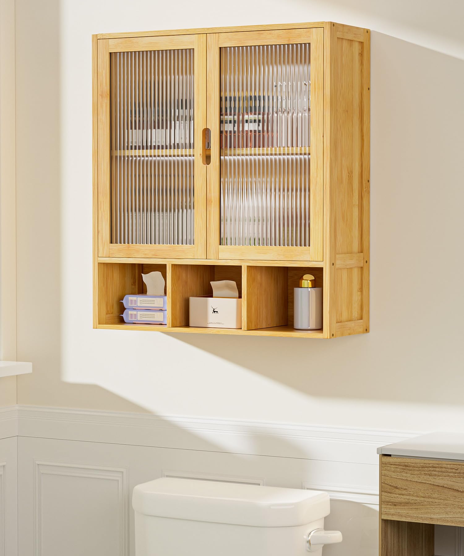 Yorbay Badezimmerschrank Hängend mit 2 Transparente Magnettür und Offenem Fach, Bambus Medizinschrank für Bad, Platzsparendes Wandschrank Küchenschrank, 22 x 59 x 66 cm (Bambusfarbe)