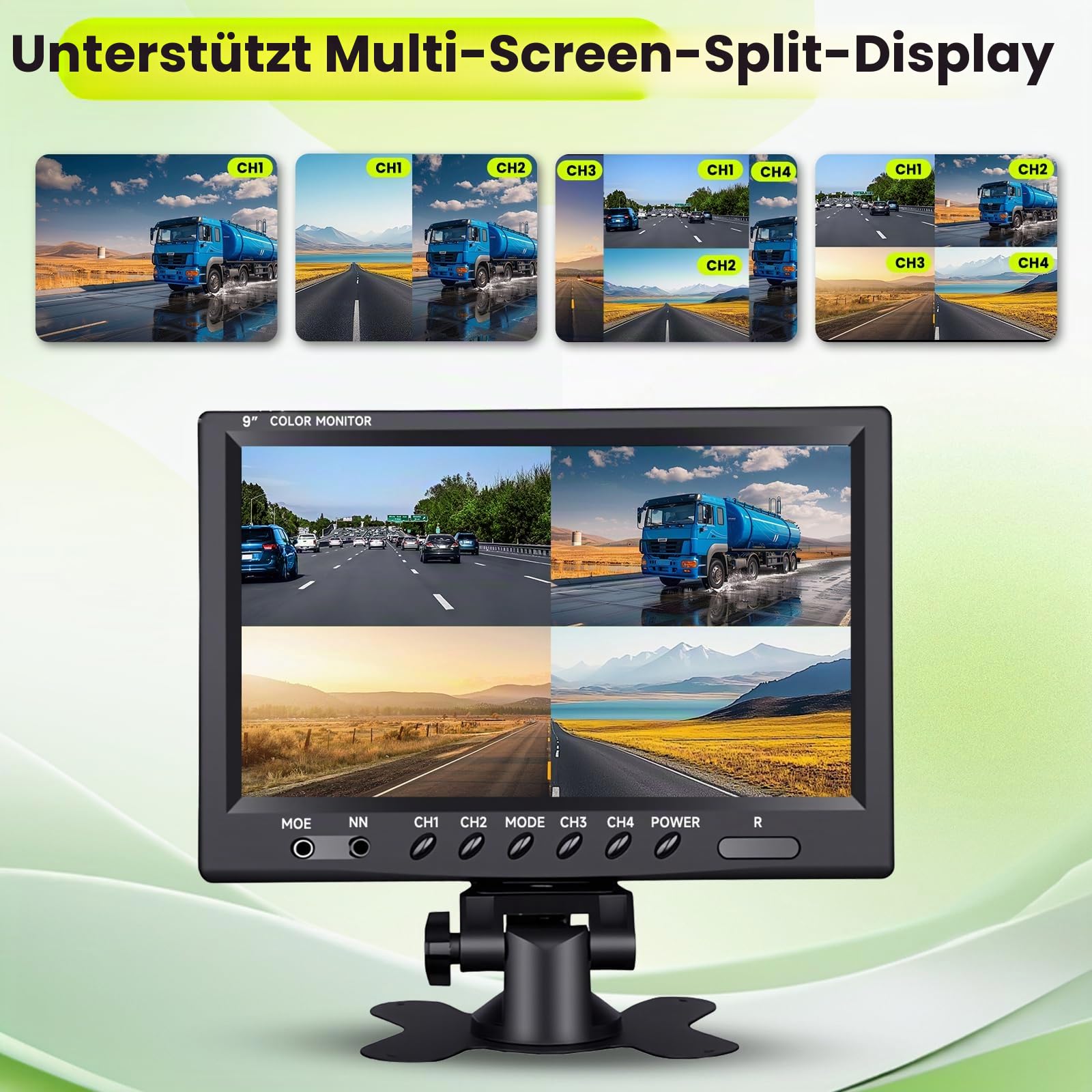 Podofo Vans RV Rückfahrkamera Set, 9 Zoll Monitor 4 Kameras, 4-Geteiltes Display 4-Kanal Video, IP68 wasserdichte Nachtsichtkameras, Frontview Kameras, 12V-24V für LKWs Camping Autos