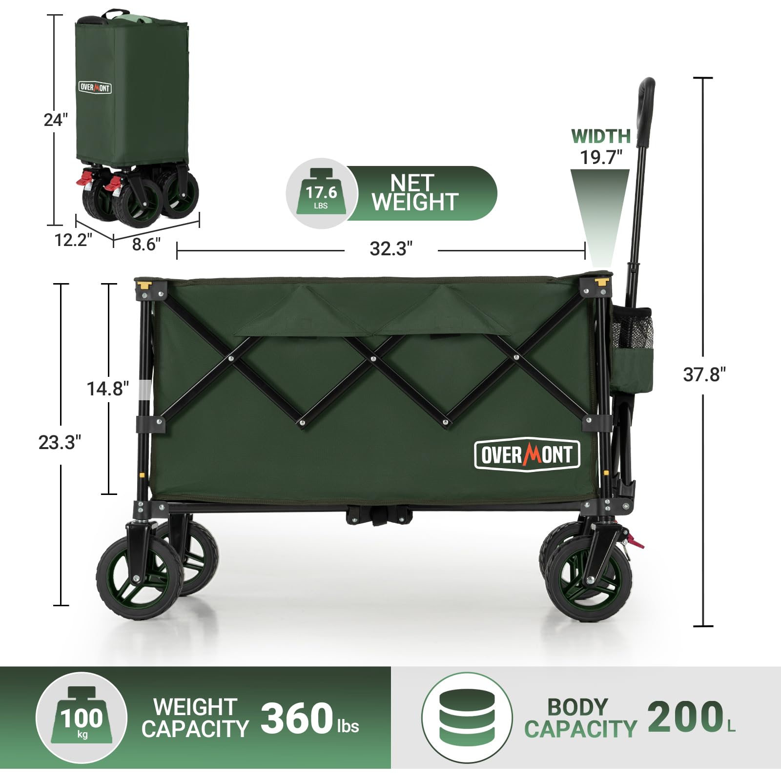 Overmont Składany Wózek Ręczny - Szerokie Kółka Do Jazdy w Terenie - Nośność 150 kg - Na Kemping, Sport, Zakupy, Ogród, Zielony