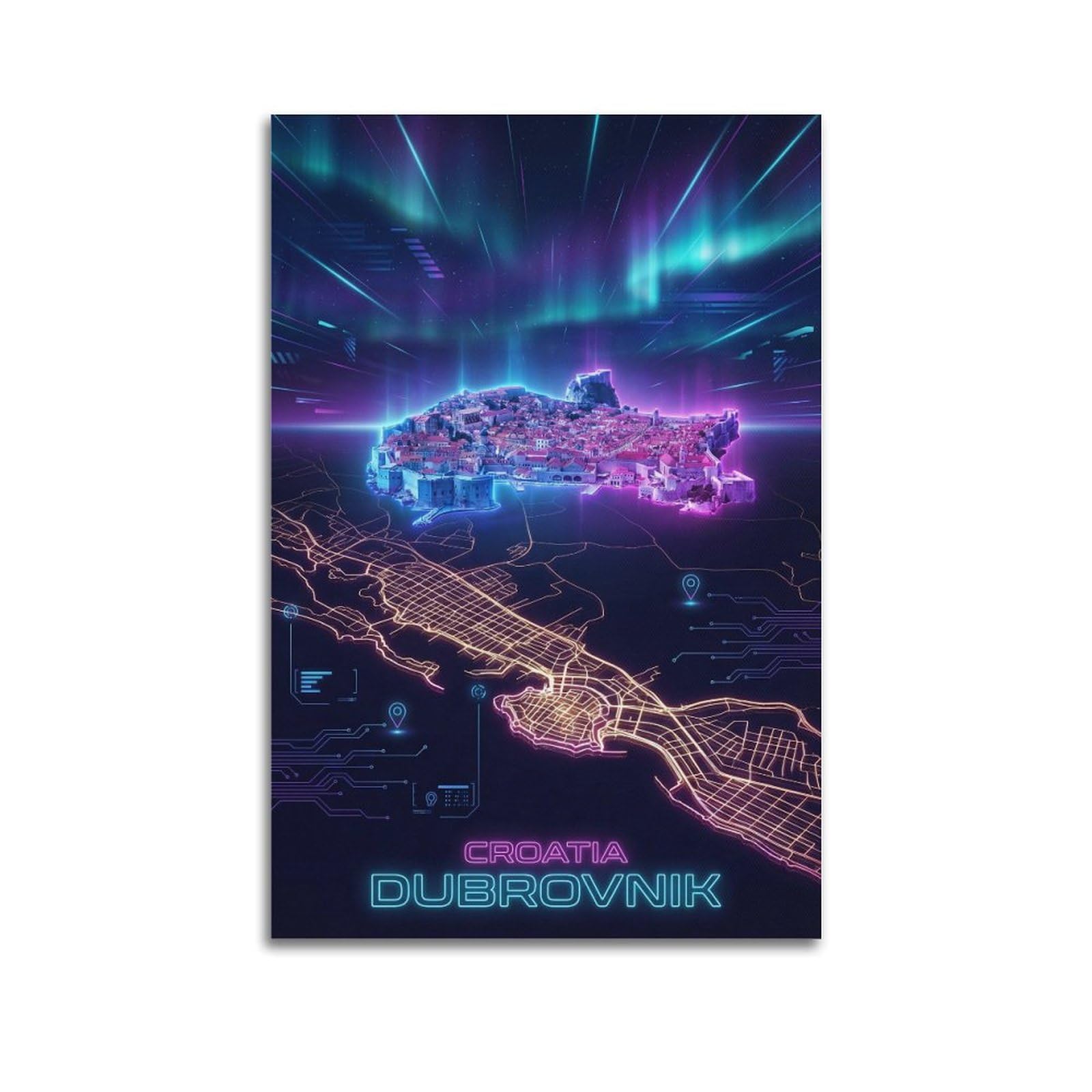 XKUGA Retro Neon Map Gamer Room Poster Croatia Dubrovnik Modern Decorative Canvas Prints - Ideal Wall Art for Family, Man Cave, Game Room, Boys & Girls Bedroom 12x18inch(30x45cm)