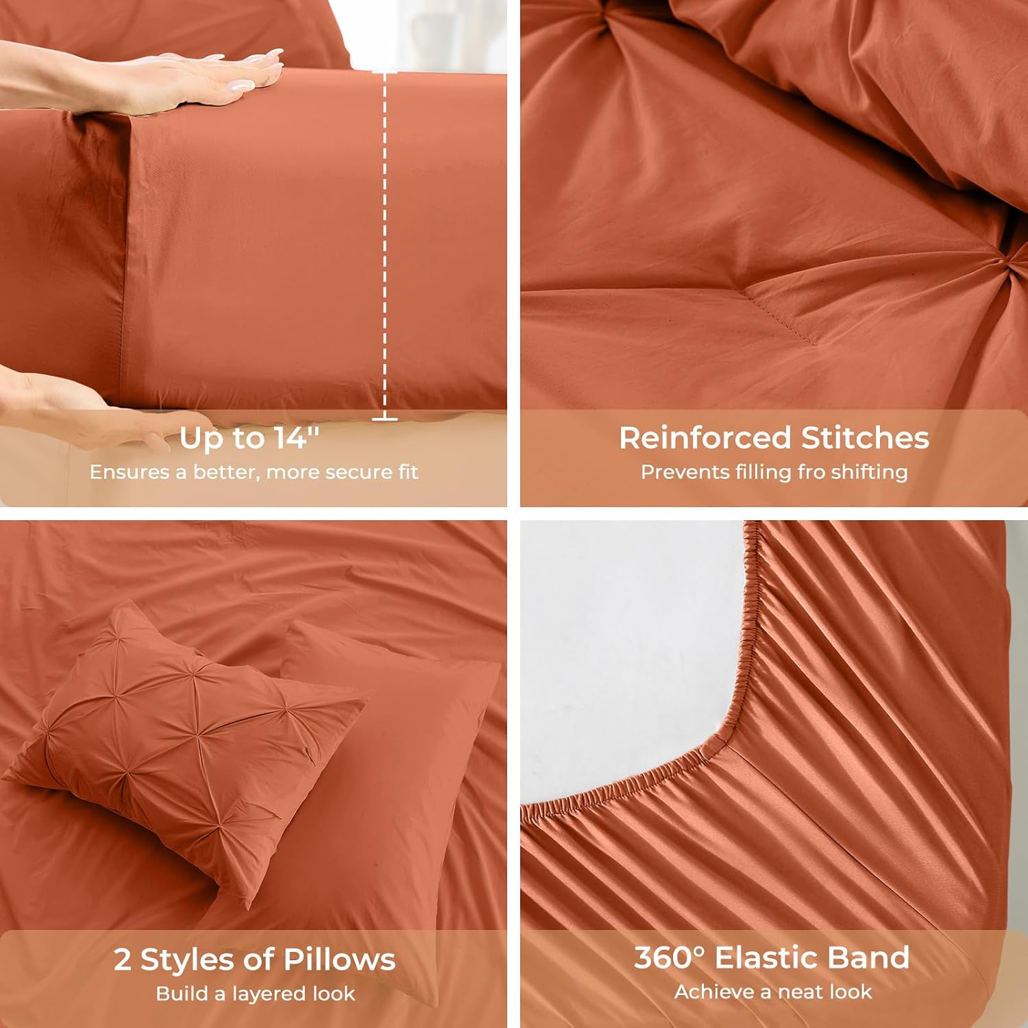 Sasttie Queen Comforter Set, 7-Piece Bed in a Bag, Pintuck Bedding Sets for All Season, Includes Comforter, Flat Sheet, Fitted Sheet, Pillowcases and Pillowshams, Burnt Orange - Image 5