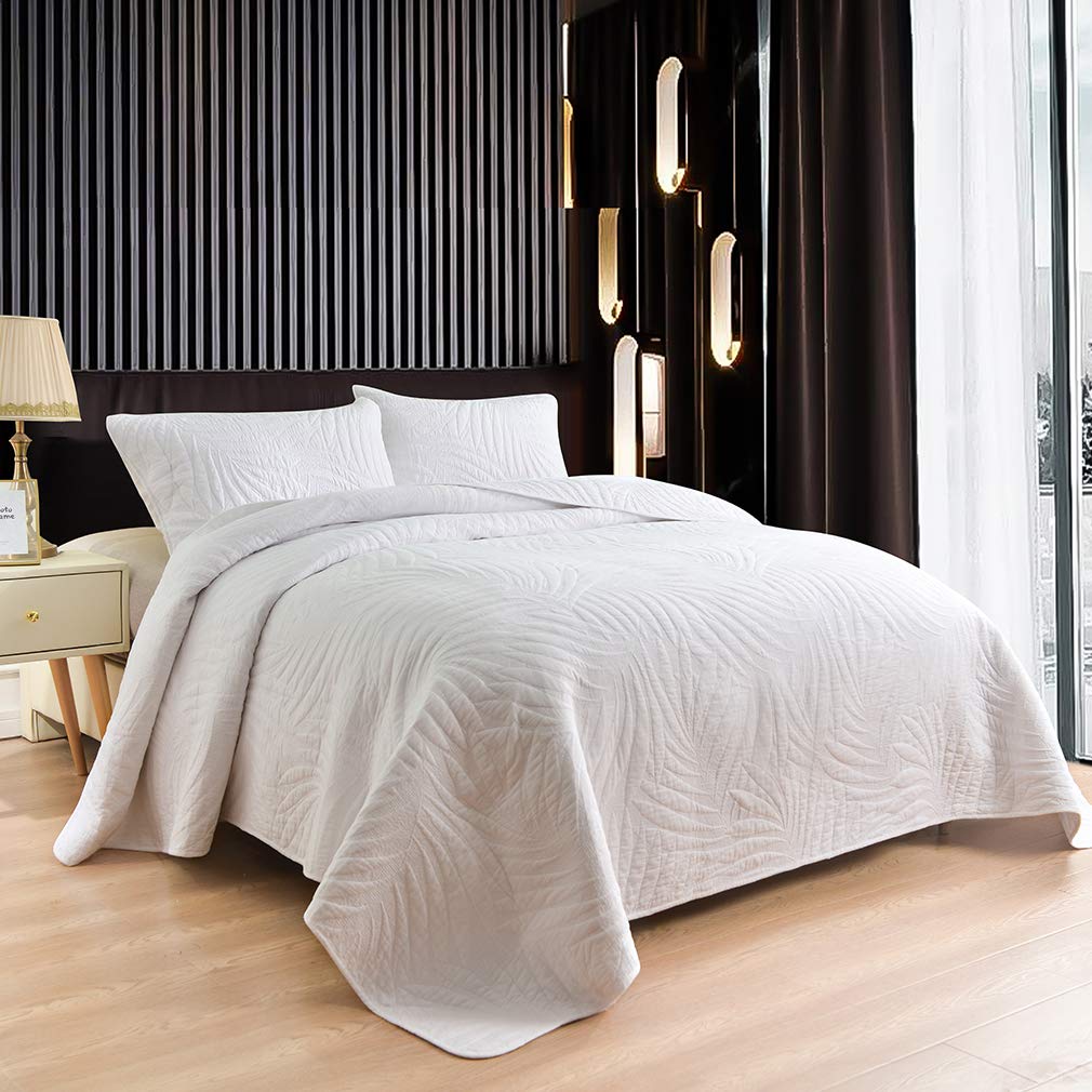 Cotton World Li Quilt Set King/Queen Premium 3 Piece Oversized Bedspread Set Reversible Elegant Embroidery Bed Cover Luxury Coverlet Lightweight (White-1, King)