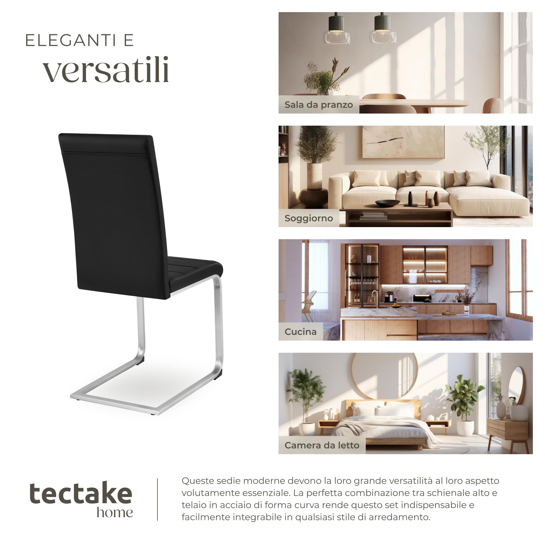 tectake® Set di 2 Sedie Sala da Pranzo, Schienale Ergonomico, Poltroncine in Similpelle Resistente, Sedie Sala da Pranzo Moderne Ideali per Cucina, Soggiorno e Camera da Letto - Nero