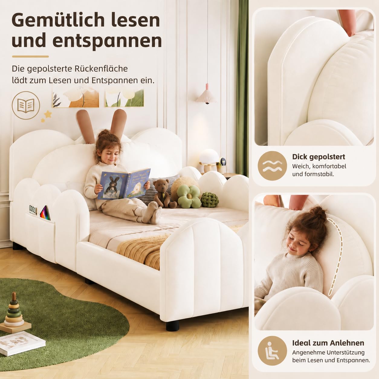 Kinderbett 90x200 cm, Polsterbett mit Rausfallschutz