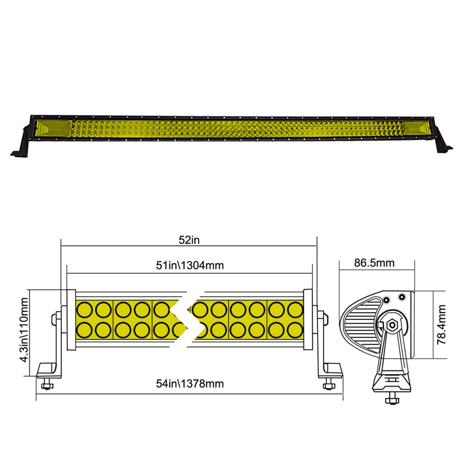 Willpower 132 cm, 675 W, Bursztynowo-Żółta Listwa Świetlna LED, Wodoodporne Światła Robocze, Punktowa Lampa z Wiązką Przewodów do Ciężarówek, Ciągnika, 4x4, Łodzi, Off-Road, Automatyczna