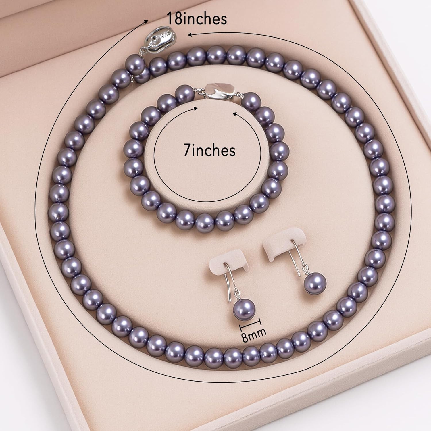 Pearl Jewelry Set for Women: 8mm Round White Shell Pearl Necklace Bracelet and Earring Set for Wedding Birthday Gift