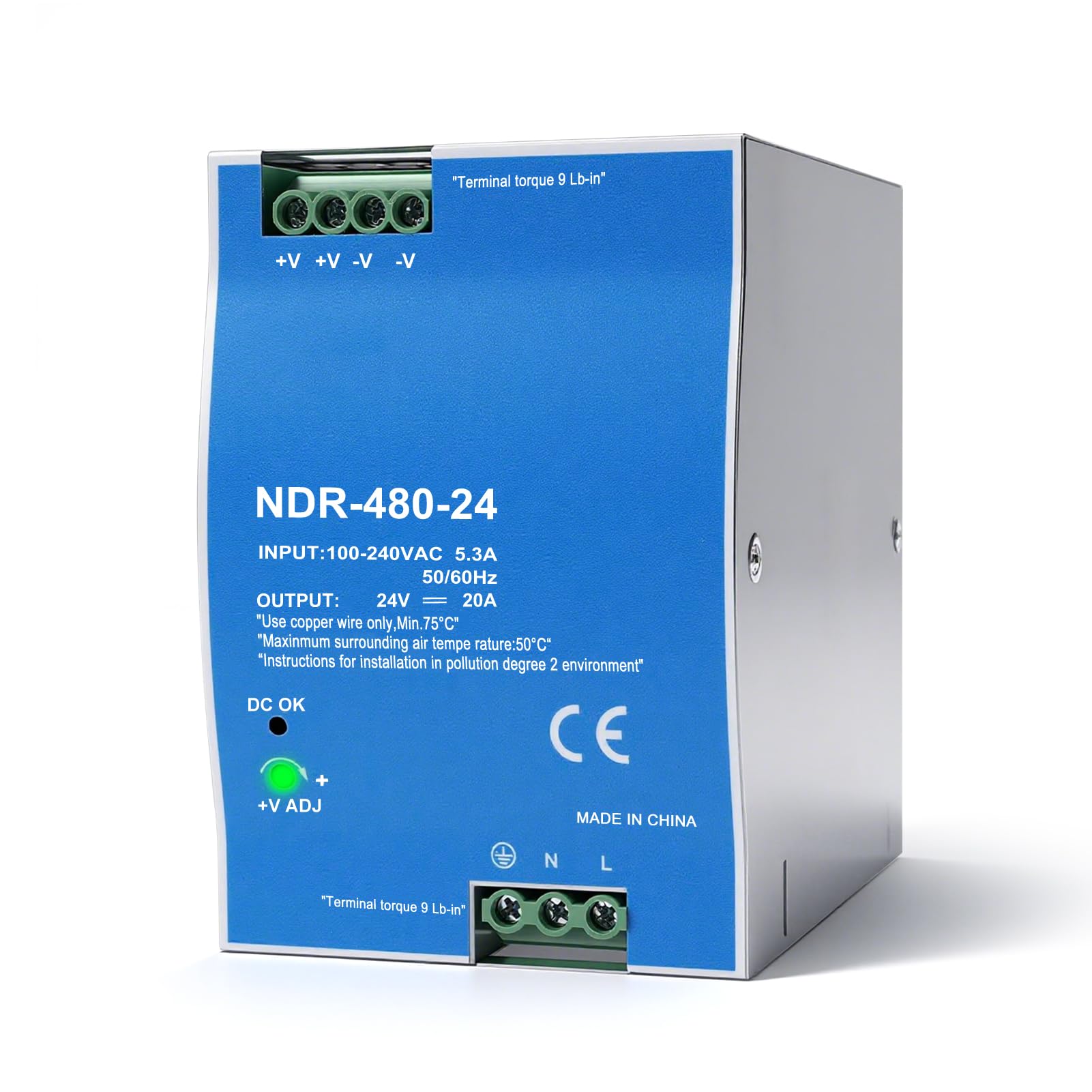 Fuente alimentacion 24V carril din de 480W Transformador 220v a 24v Entrada CA 100-240V 5,3A Salida CC 24-v 20A Múltiples funciones de protección Modelo industrial NDR-480-24V.