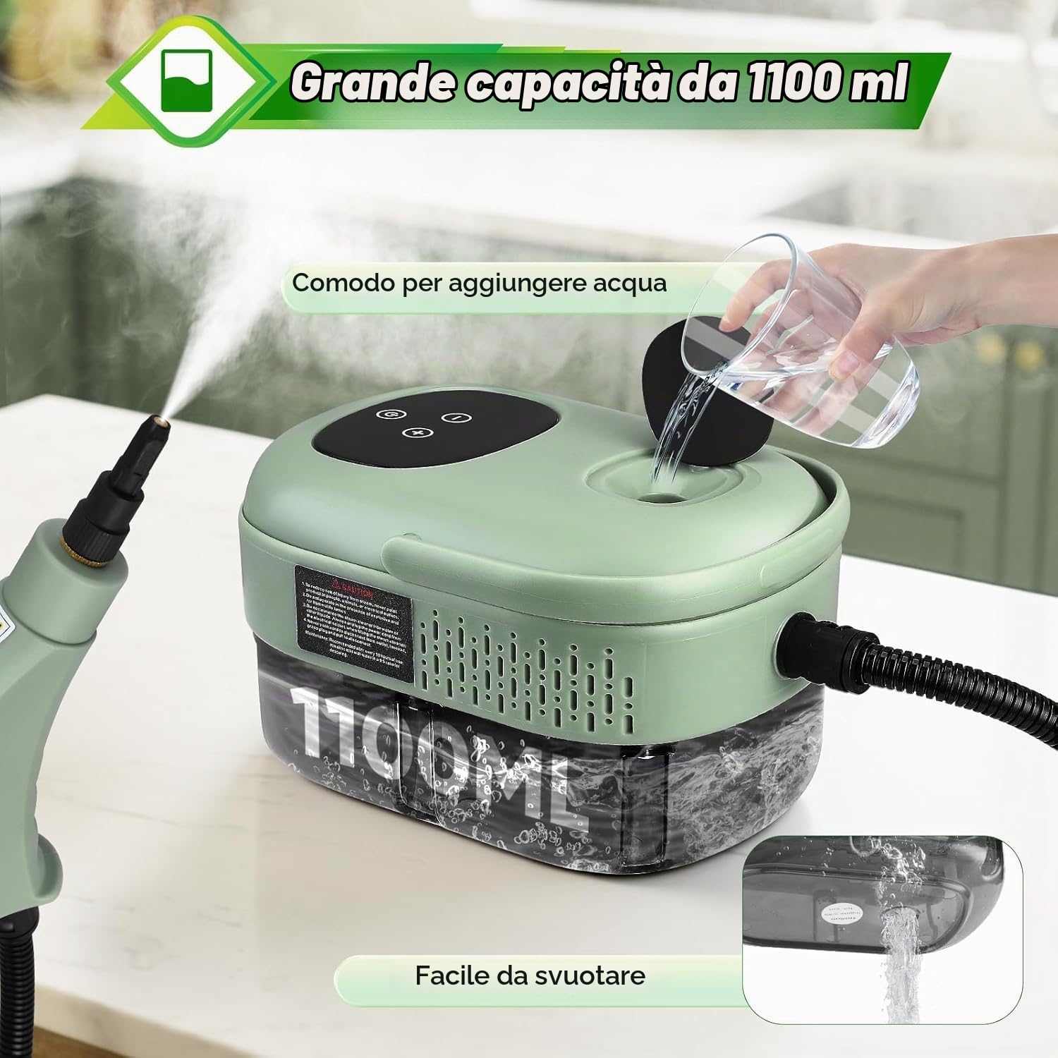 Pulitore a Vapore,2500W Pulizia a Vapore Portatile con 11 Accessori di Spazzole 1100 ML di Serbatoio Dell'acqua, Vaporetto Portatile di Mobili Lmbottiti per Mobili da Cucina, Bagno, Auto,Divano