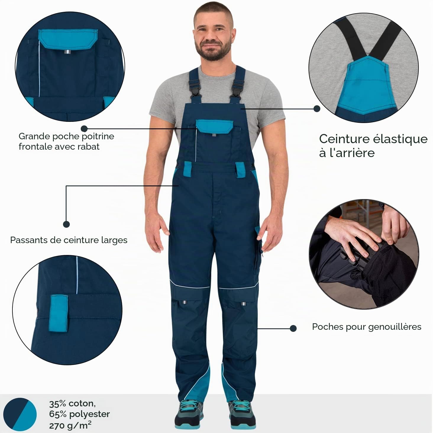 BWOLF Brave Salopette de travail pour homme avec poches latérales multifonctionnelles, poches arrières renforcées en polyester 600D