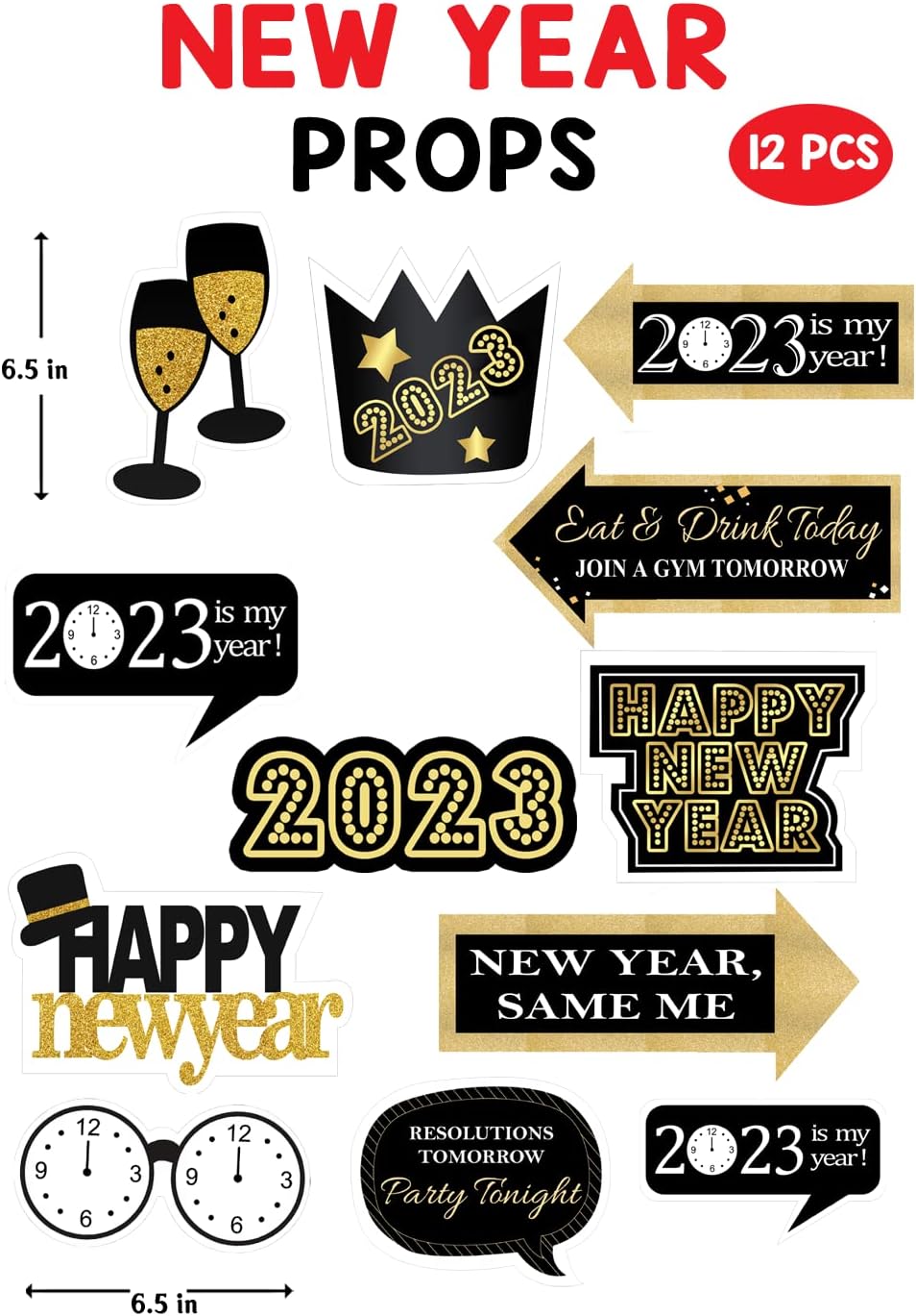 Samyuktha Happy New Year Eve Theme Photo Booth Props Party Decoration - Set of 12 Pieces
