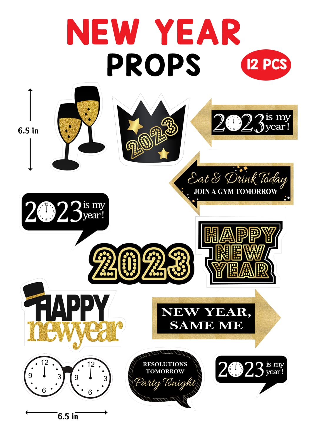 Lot de 12 accessoires pour photomaton sur le thème du Nouvel An