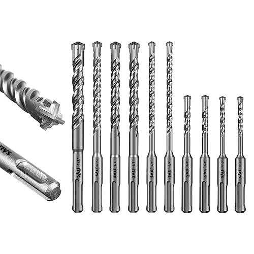 SALI 10PCS SDS Plus Rotary Hammer Drill Bit Set Concrete Drill Bit Kit Cross-Type Double Thread Carbide Material Suitable for Concrete, Brick, Cement Walls, Stone, Hammer Drill Bits for Concrete