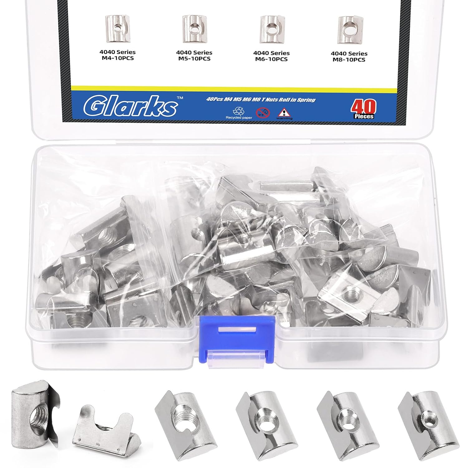 Glarks 41pcs M4/M5/M6/M8 40 SeriesT Nuts Roll in Spring Kit, Carbon Steel T Nut with Springs Sheet, Silver Spring T Nut, Half Round Roll T-Nuts, European Standard 4040 Series for Aluminum Profile