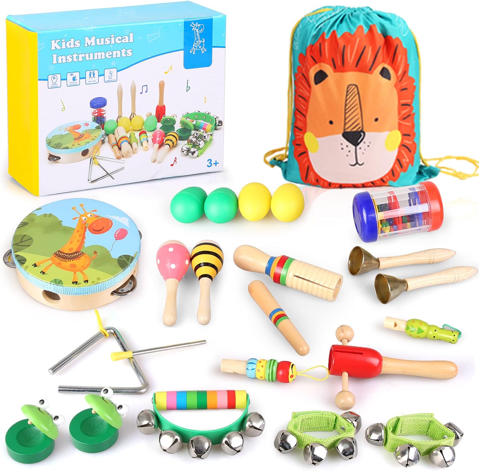 Veluoess Wooden Musical Toys, 23 PCS Musical Instrument Set for Toddlers with Cute Storage Backpack Tambourine Maracas, Percussion Instruments Toys Early Educational Toys Gifts for Boys and Girls 3+