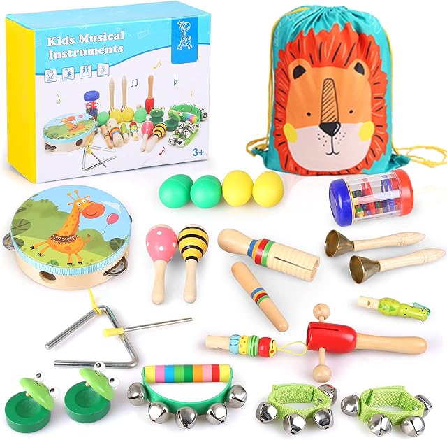 Veluoess Wooden Musical Toys, 23 PCS Musical Instrument Set for Toddlers with Cute Storage Backpack Tambourine Maracas, Percussion Instruments Toys Early Educational Toys Gifts for Boys and Girls 3+