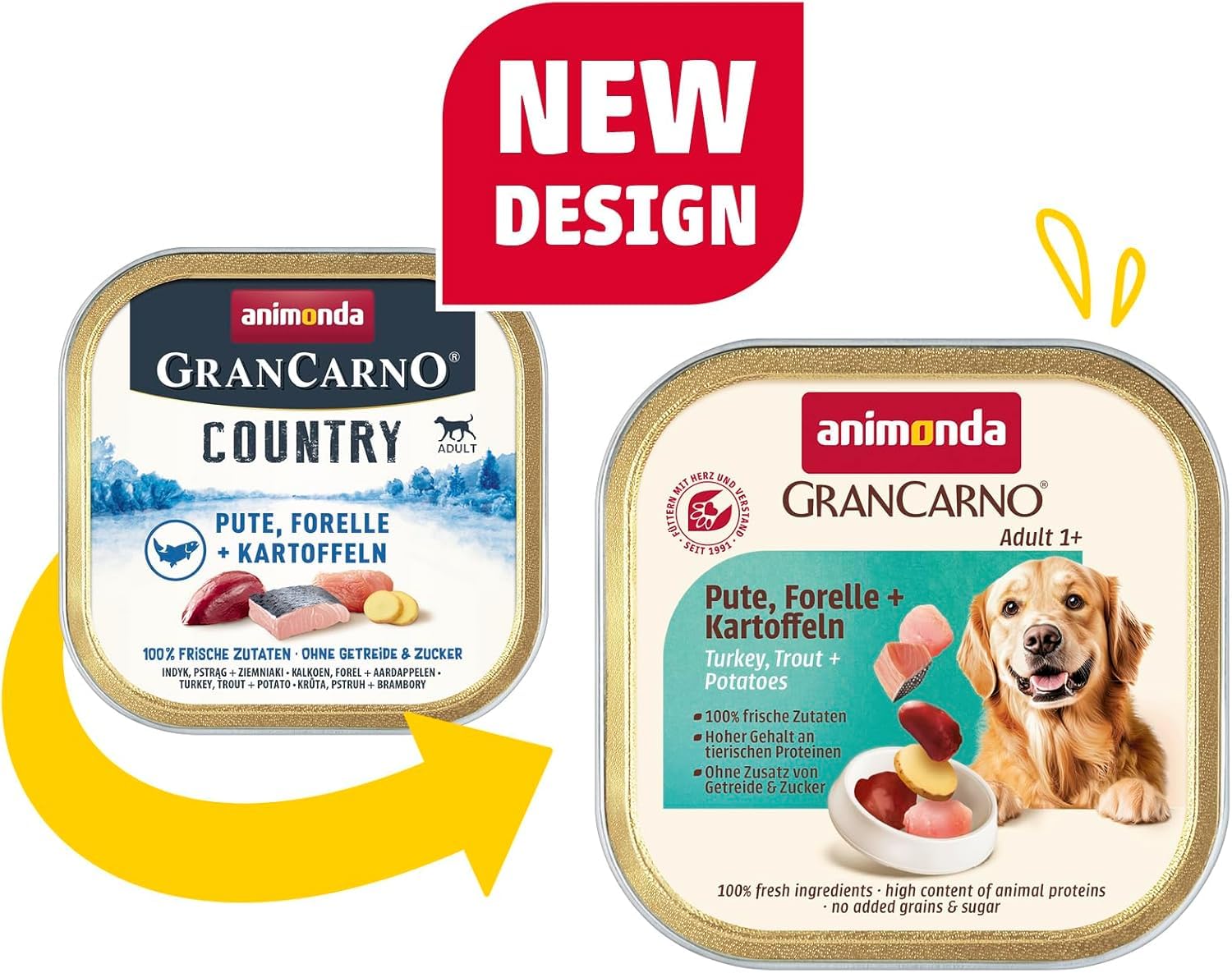 animonda GranCarno Hunde Nassfutter Adult mit Pute, Forelle + Kartoffel (22 x 150g), getreidefreies Hundenassfutter ohne Zucker, für ausgewachsene Hunde, mit frischen fleischigen Zutaten