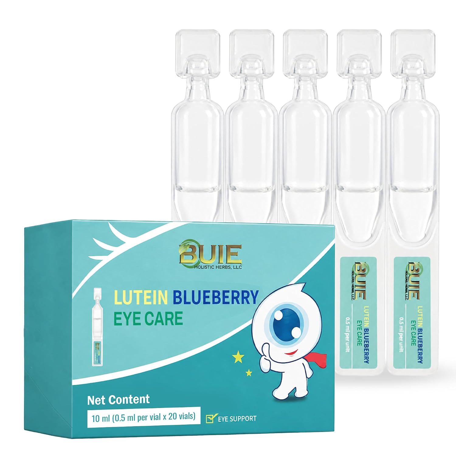 BUIE Lutein Blueberry Botanical Eye Care – With Lutein, Blueberry & Botanical Extracts – 20 Single-Use Vials (0.5ml Each, 10ml Total)