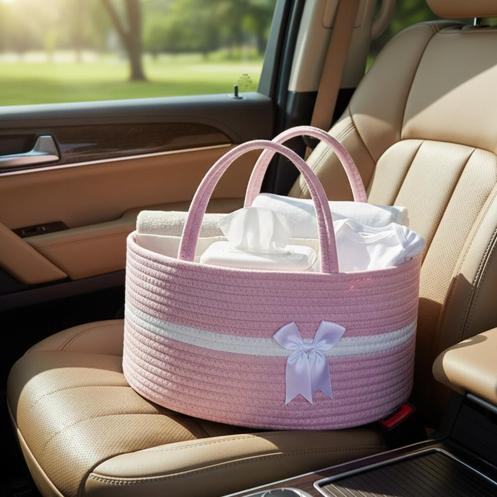 Organizzatore per, Borsa Porta Pannolini, Contenitore Intrecciato, Organizer per Pannolini per Neonati e tiralatte, Bianco Rosa