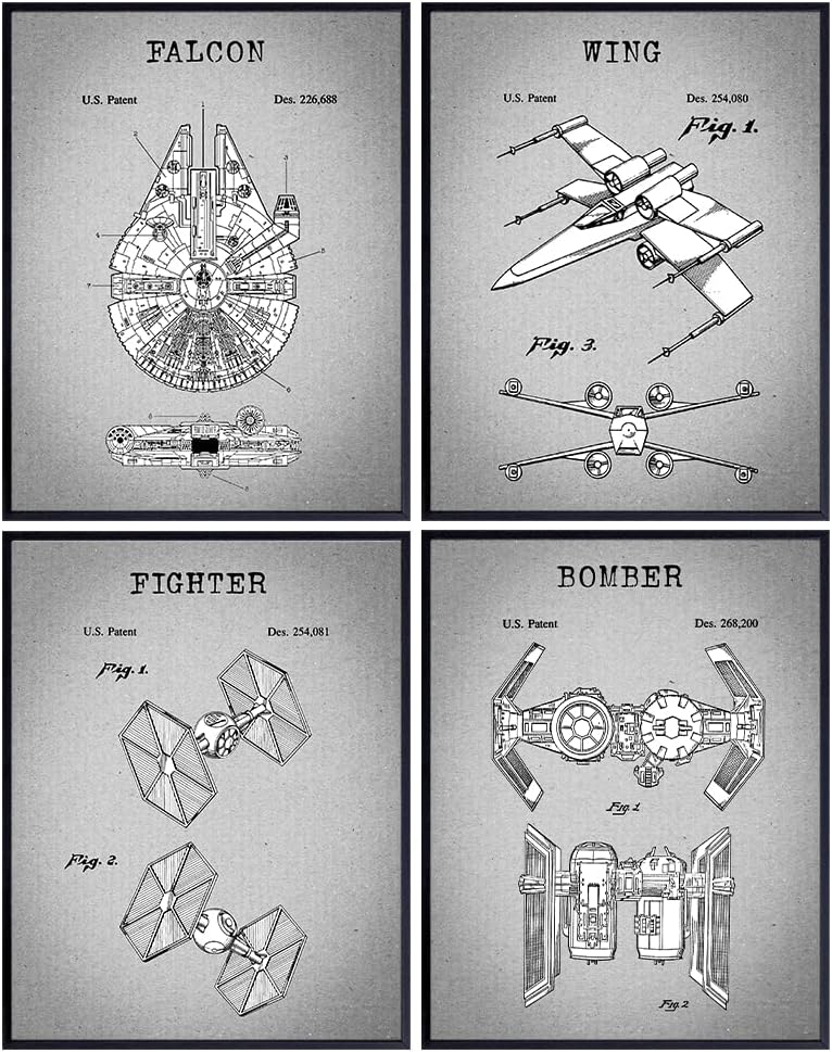 Patent Art Prints - Vintage Wall Art Poster Set - Chic Rustic Home Decor for Family, Rec, Game Room, Man Cave - Gift for Starwars Millenium Falcon, Tie Fighter Fans, 8x10 Photos Unframed