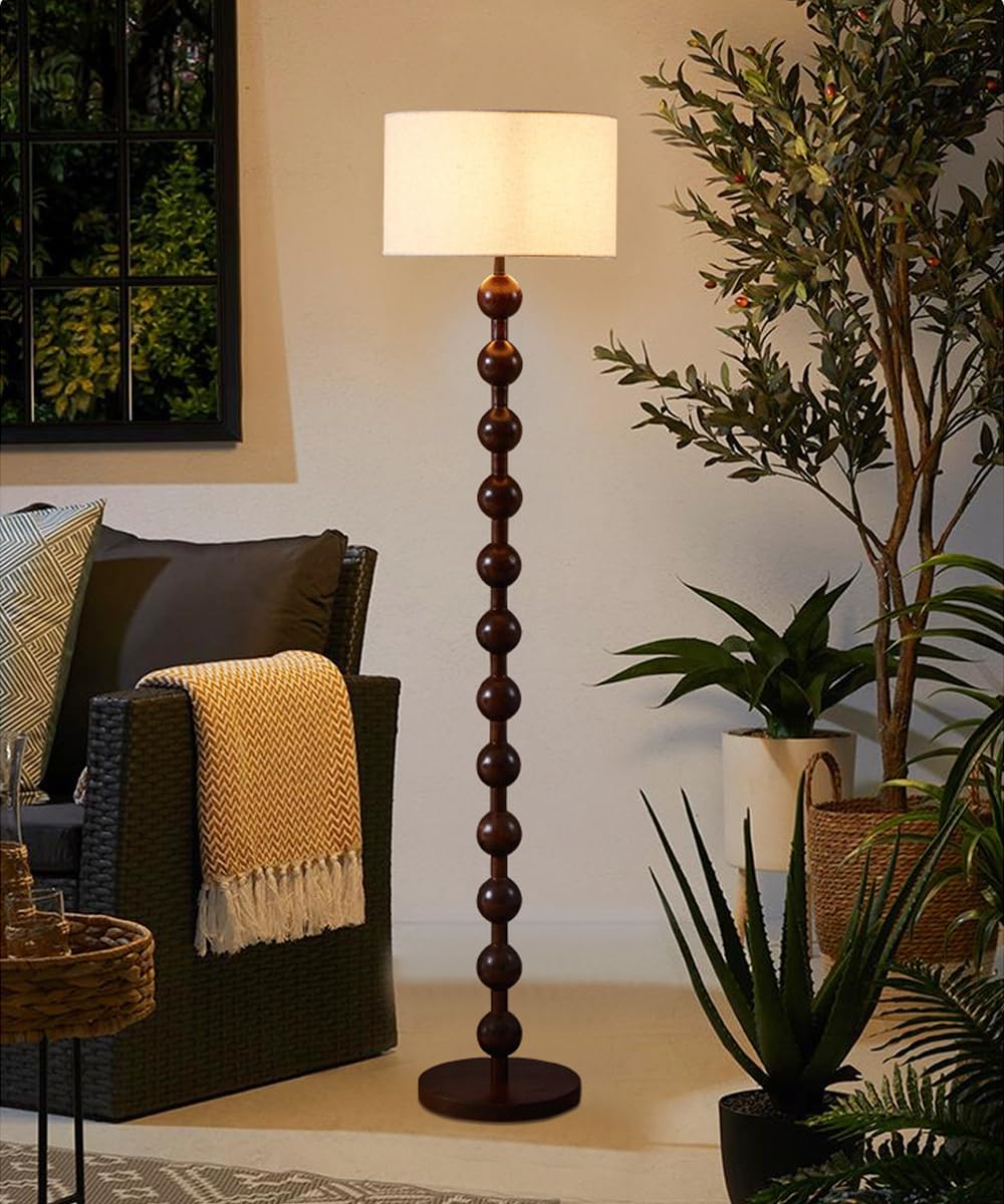 Lampadaire En Lin Wabi-sabi 63" Lampadaire En Fer À Grain De Bois Lampe Sur Pied Sphérique Couleur Noyer Avec E26 Lampe Ronde En Tissu À Intensité Variable Pour Salon Chambre