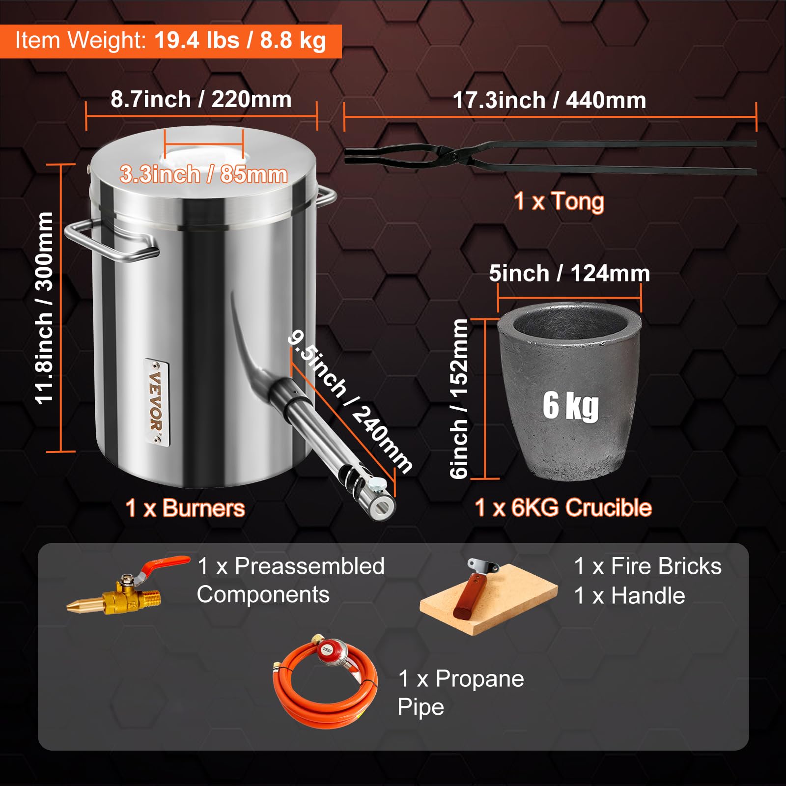VEVOR Schmelzofen Propan Metall Schmelzofen 6 kg, Edelstahl Schmelzofen Gas 1482 ℃ inkl. 1 x Brenner, 1 x Tiegel, Schmiede Messerherstellung Schmiedeset für Kupfer, Aluminium, Gold, Silber usw.