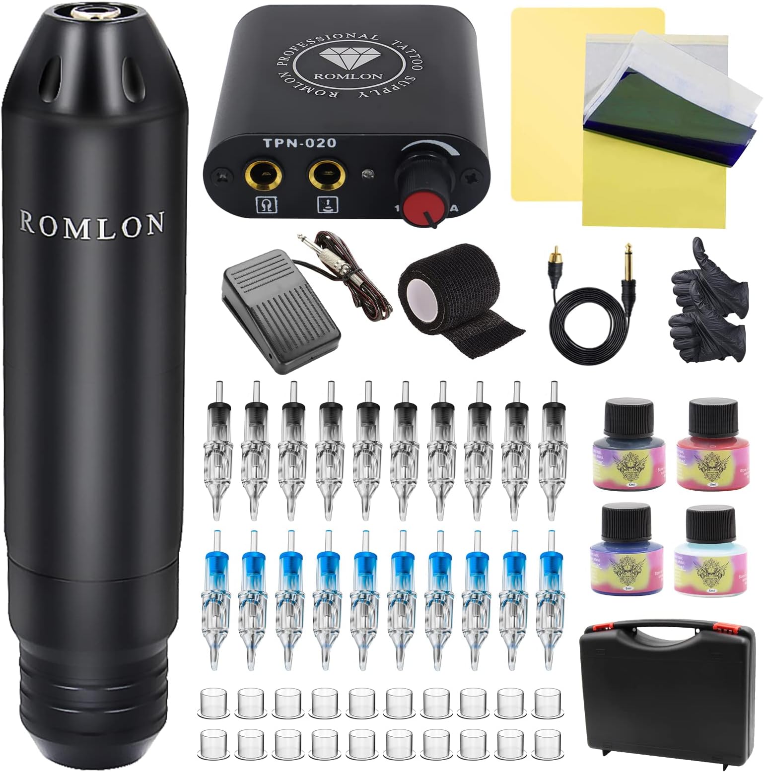 Romlon Tattoo Kit - Tattoo Gun Machine Kit Complete Rotary Tattoo Machine 20Pcs Tattoo Cartridges Needles Mini Power Supply Tattoo Ink Tattoo Accessories for Beginners and Tattoo Artists