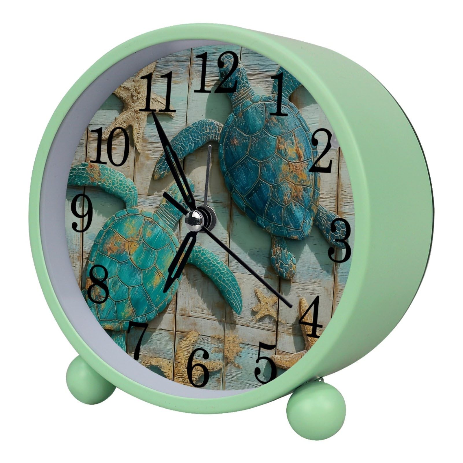 etoenbrc Starfish and Turtles Silent Analog Alarm Clock Round Battery Operated Bedside Alarm Clock Plastic Table Clock for Living Room Bedroom