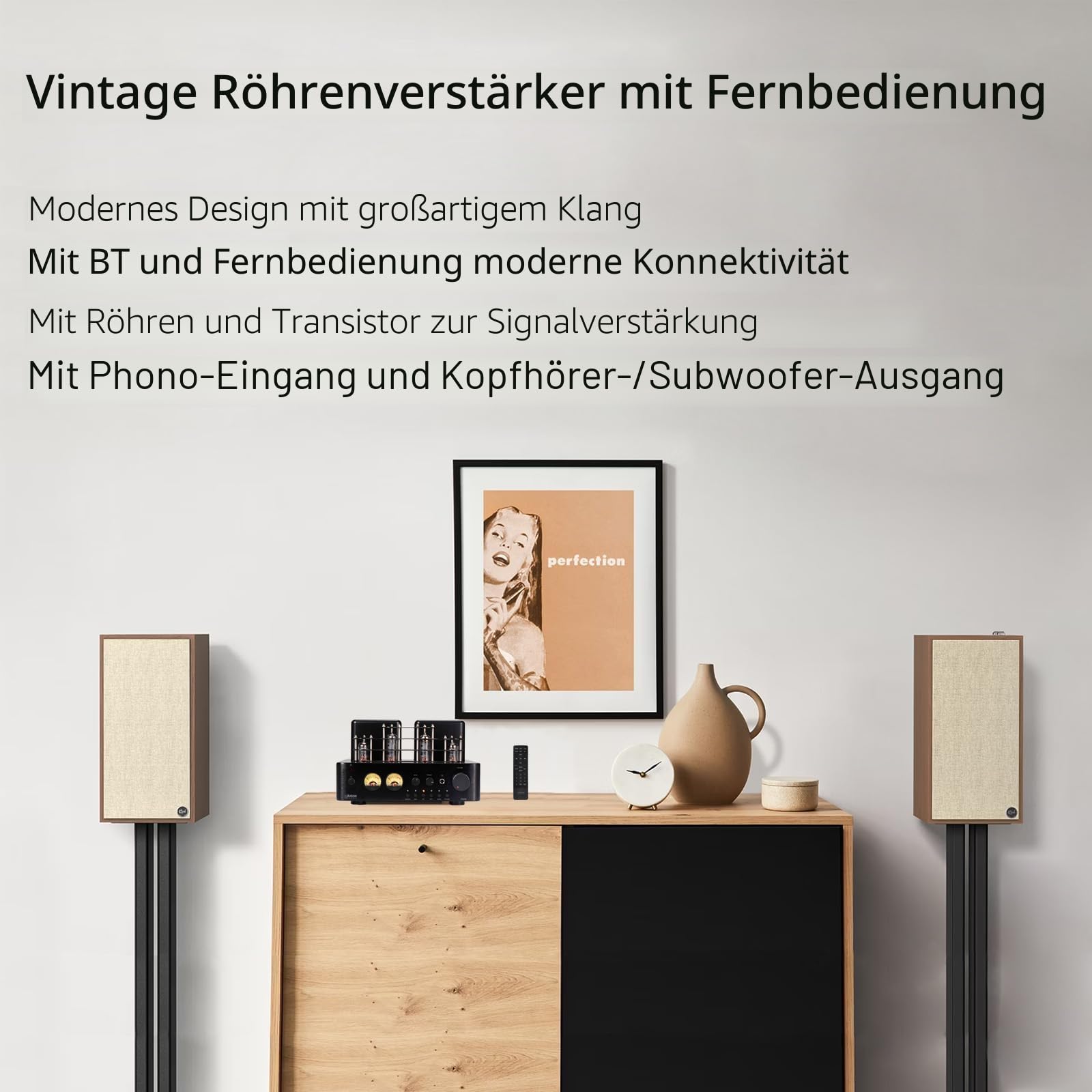 Juson Audio JTA50 50W x 2 Röhrenverstärker | Class AB HiFi Verstärker mit BT 5.0 | Phono Vorverstärker | AUX, Koax, USB & Subwoofer-Ausgang