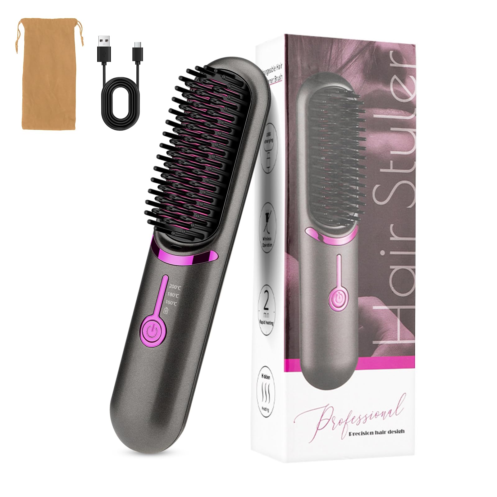 Spazzola Lisciante per Capelli 5200mAh, Piastra per Capelli | Senza Fili, Spazzola Elettrica Lisciante, Piastra Lisciante, 3 Temperature 160°C-200°C, Riscaldamento Rapido