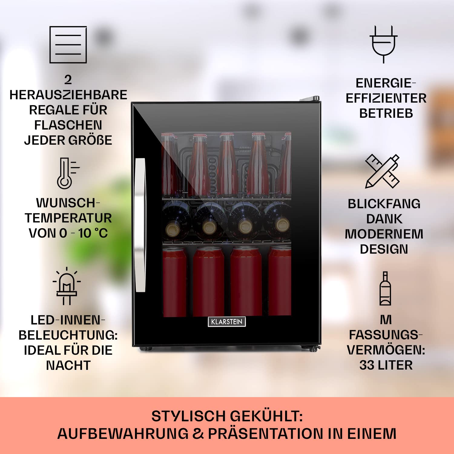 Klarstein Mini Kühlschrank 33 Liter mit Glastür, leise, verstellbare Ablagen