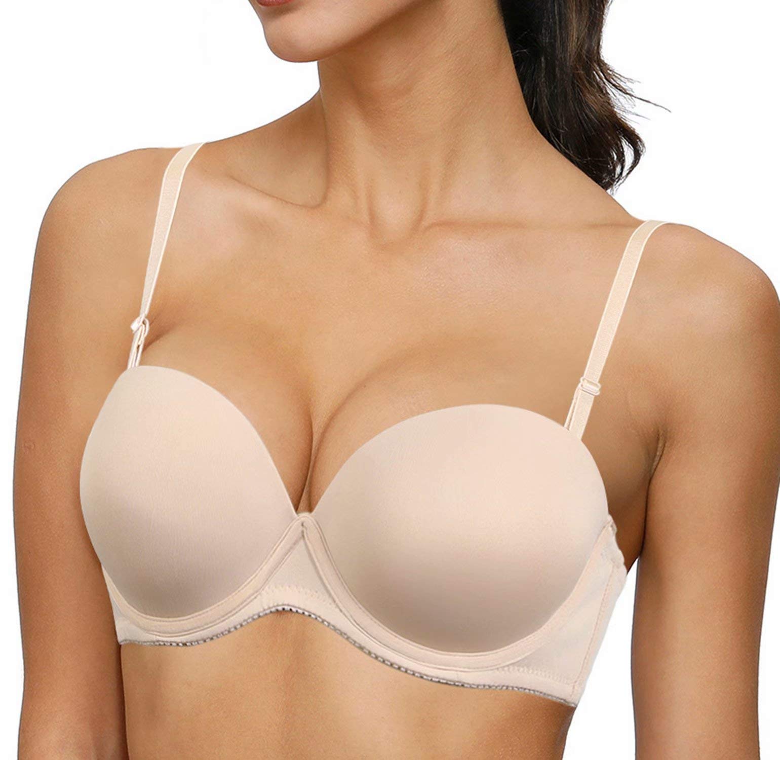 Women's Push Up Strapless Bra Thick Padded Convertible Underwired Cotour Smooth T-Shirt Bras