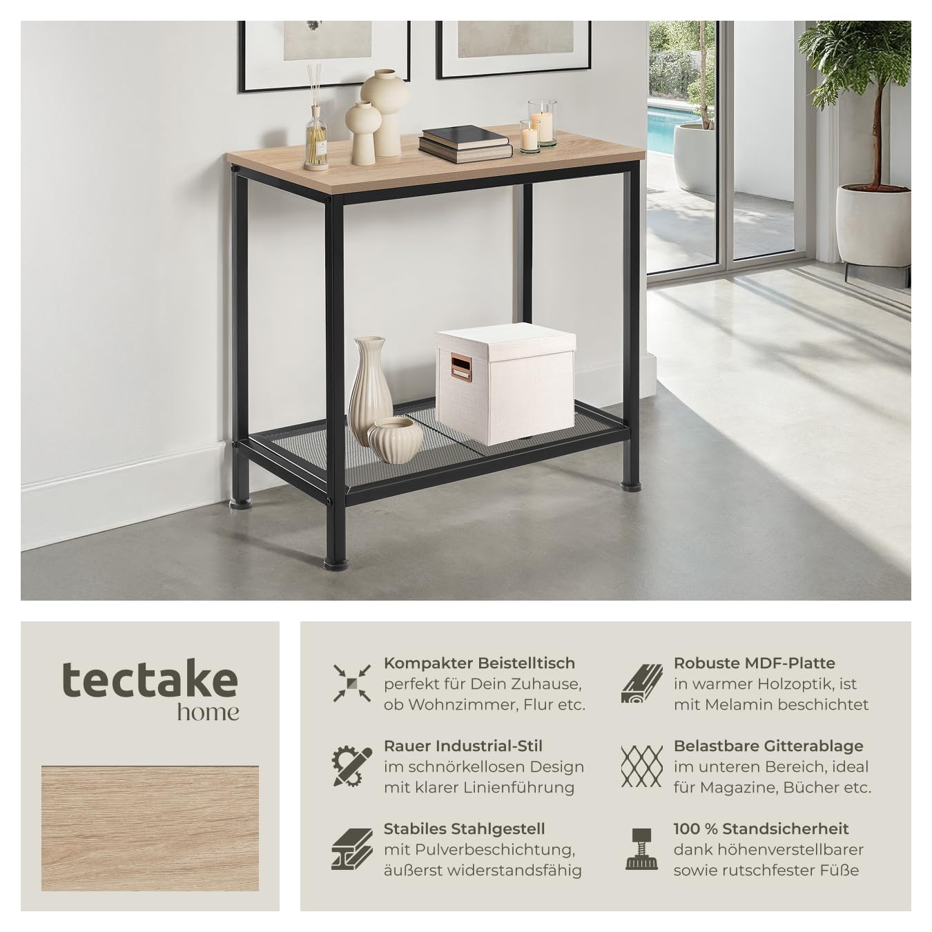 tectake® Beistelltisch Holz + Metall, Nachttisch schmal, Couchtisch mit Gitterablage, Konsolentisch, Tisch Wohnzimmer, Deko Schlafzimmer, Blumenständer - Industrial Holz hell, Eiche Sonoma