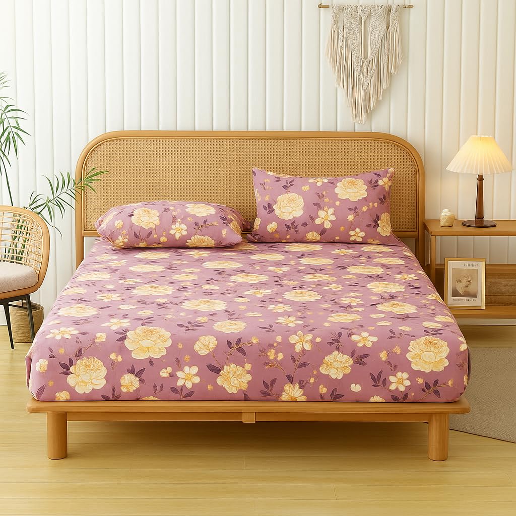 VAS COLLECTIONS 220 TC Cotton Elastic Fitted Bedsheet for Double/King Bed (72×78+10 in) with 2 Pillow Covers | Soft, Breathable, Wrinkle-Free Floral Print (Lavender Rose Bloom)-image-8