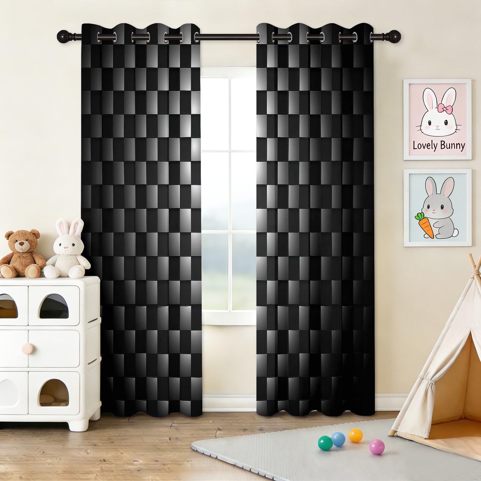 CozyRest Rideaux occultants Style technologique 280 x 245 cm, Motif Carreaux Noir Gris Géométrique Rideaux à œillets pour Chambre d'enfant Décoration de fenêtre Isolation Thermique (2 Panneaux)