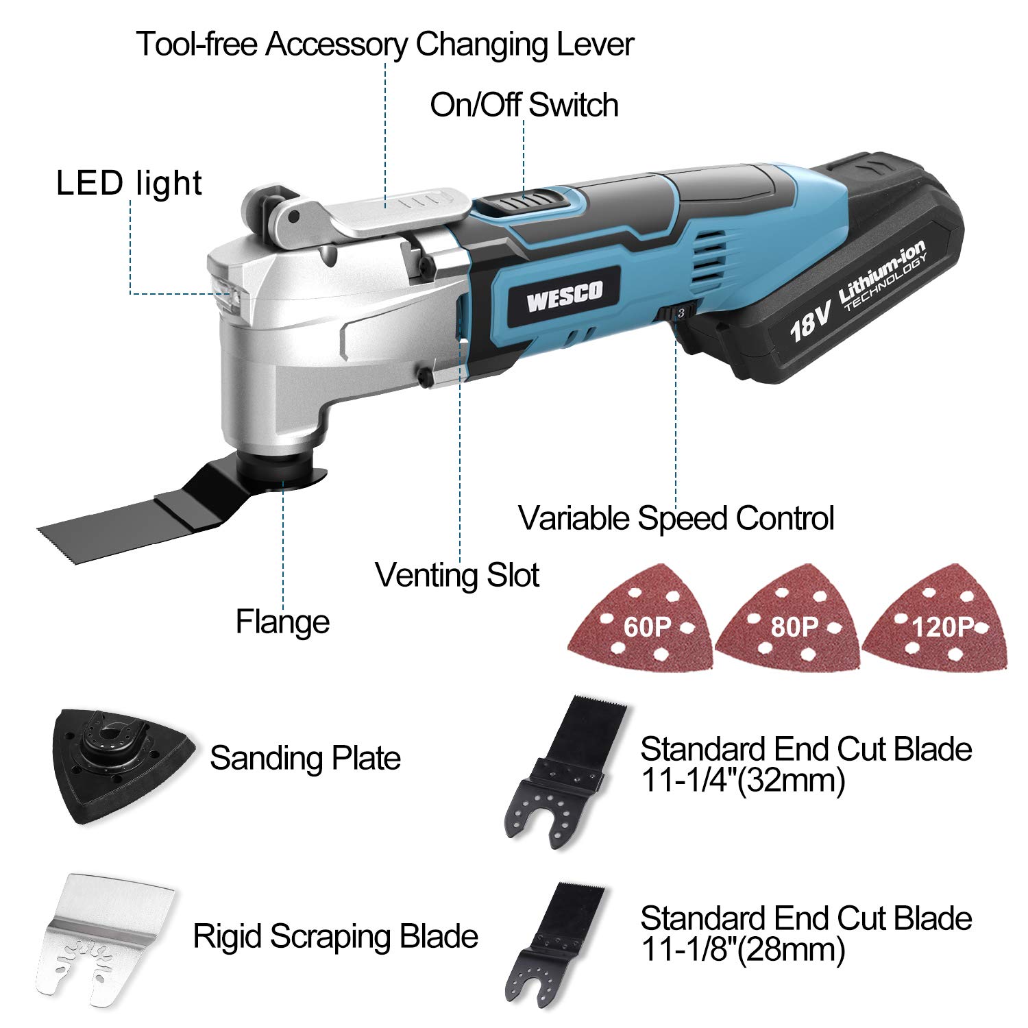 SHALL Oscillating tool, oscillating 500W multifunctional tool set with 5° oscillation angle, quick coupler, 6 speeds, auxiliary handle, 34 sawing