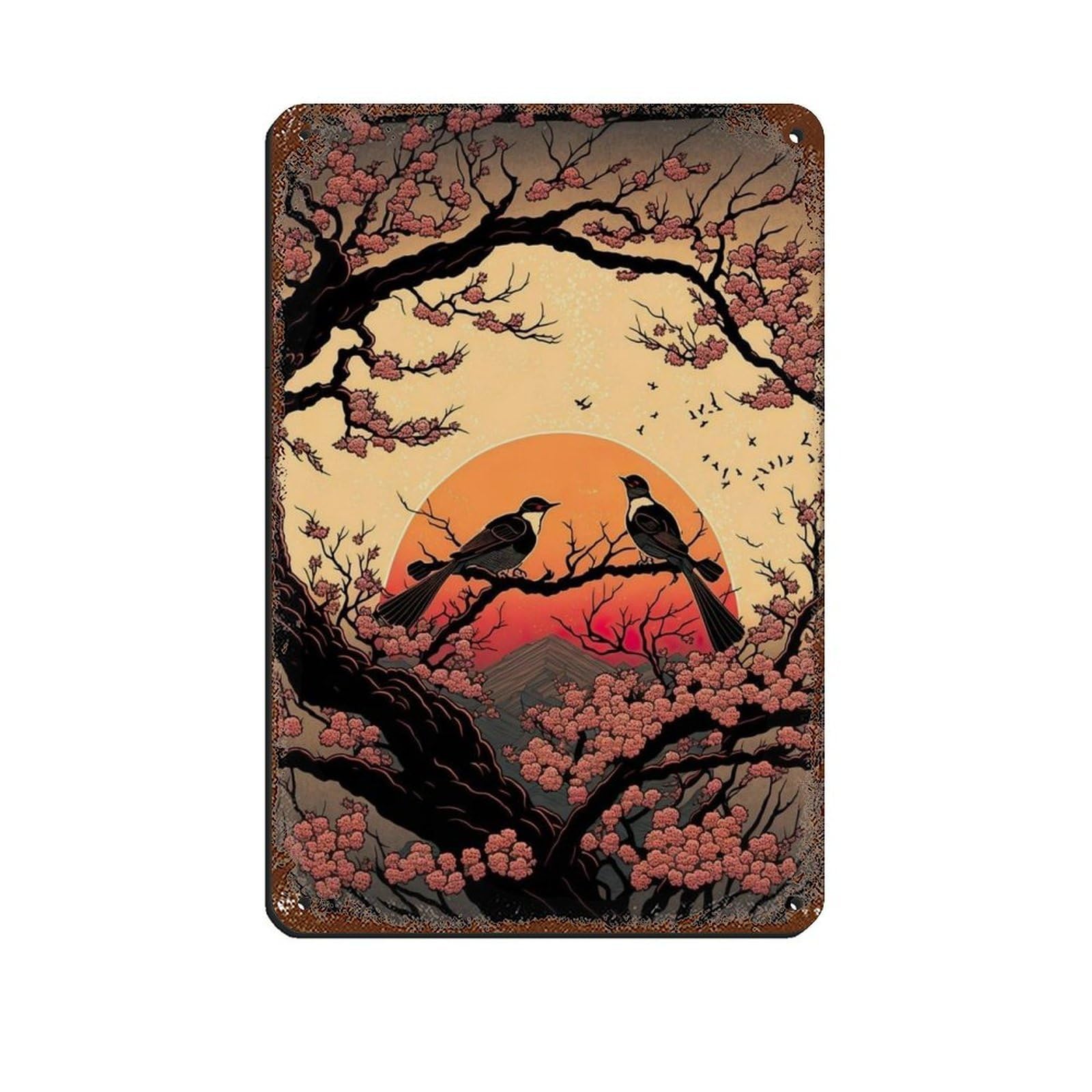 Lxwnze 20L X 30W Cm 2 Birds On A Tree Branch In Sunset, Tin Sign Vintage Metal Pub Club Cafe Bar Home Wall Art Decoration Poster Retro 8X12inch(20X30cm)